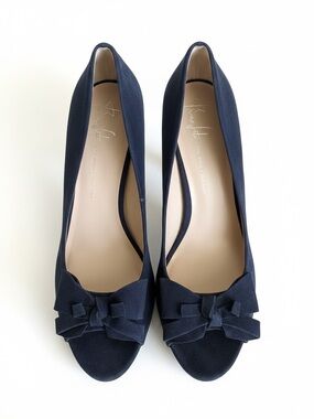 Franco Sarto Navy Suede Bow Peep Toe Platform Heels Pumps Size 11